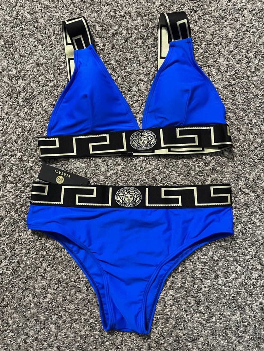 Versace Royal Blue Logo-Trim Triangle Bikini Set